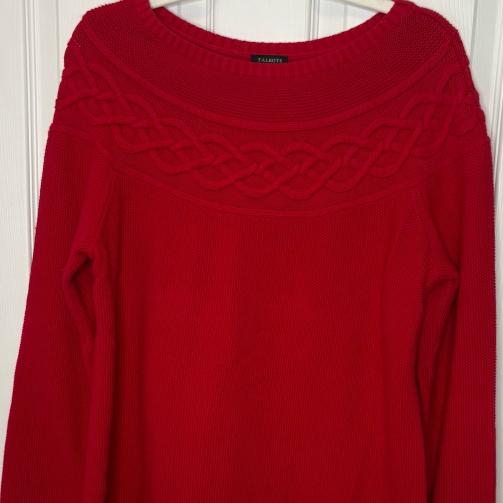 Talbots Red Cable Knit Yoke Sweater Women’s Large Classic Crewneck - Picture 2 of 3